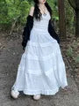 High Waist Plain Eyelet Lace Panel Tiered Maxi A-Line Skirt