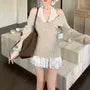 Halter V-Neck Lace Mini A-Line Dress / Plain Sweater