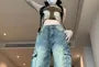 High Waist Washed Wide Leg Cargo Jeans