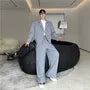 Set: Lapel Collar Plain Single Breasted Blazer + Mid Rise Plain Wide Leg Pants