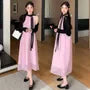 Maternity Sleeveless Tie-Neck Two Tone Midi A-Line Dress / Bolero Cardigan