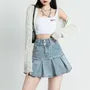 Mid Waist Denim Mini Pleated Skort