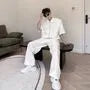 Set: Short-Sleeve Collared Plain Buckled Grommet Zip Jacket + Drawstring Waist Wide Leg Pants