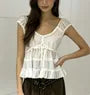 Cap Sleeve Scoop neck Plain Ruffled-Trim Blouse
