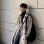 Lapel Collar Plain Double-Breasted Long Trench Coat
