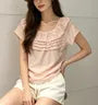 Short Sleeve Ruffled-Trim Plain Loose-Fit Blouse