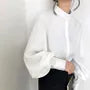 Balloon-Sleeve Long-Sleeve Mandarin-Collar Plain Blouse