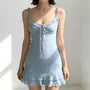 Spaghetti Strap V-Neck Plain Ruffle Trim Tie Waist Mini Bodycon Dress