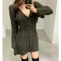 Long-Sleeve V-Neck Plain Cable Knit Button-Up Mini A-Line Dress