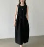 Sleeveless Round Neck Plain Tie-Waist Midi Dress