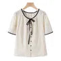 Short-Sleeve Flower Embroidered Bow Blouse