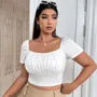 Plus Size Short Sleeve Square-Neck Plain Ruched Slim-Fit Crop Top