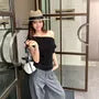 Cap-Sleeve Off-Shoulder Lace Panel Slim Fit Crop T-Shirt