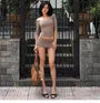Set: One-Shoulder Short-Sleeve Plain Crop T-Shirt + Low Rise Shirred Mini Pencil Skirt