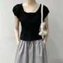 Puff Sleeve Scoop Neck Lace-TRim Tie-Front Slim-Fit Top