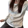 Mock Two-Piece Long-Sleeve Henley Striped T-Shirt