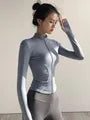 Long-Sleeve Mock Neck Plain Zip Slim Fit Sports Top