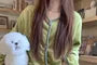 Pajama Set: Long Sleeve V-Neck Contrast Trim Button Fleece Top + Plain Straight Leg Pants