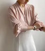 Long-Sleeve V-Neck Plain Faux Pearl Satin Blouse