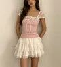 Short Sleeve Square-Neck Lace Panel Tie-Front Slim-Fit Top