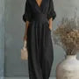 3/4 Sleeve V-Neck Plain Wide Leg Jumpsuit