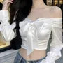 Long-Sleeve Off Shoulder Plain Bow Detail Crop Blouse