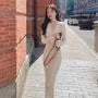Long-Sleeve Ribbed Knit Midi Sheath Dress