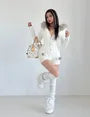 Long-Sleeve Fluffy Trim Hooded Half-Buttoned Cable Knit Romper