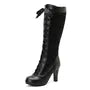 Lace Panel Lace Up High Heel Knee High Boots