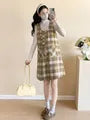 Maternity Set: Long-Sleeve Plain Top + Sleeveless Plaid A-Line Dress