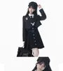 Notch Lapel Striped Button-Up Crop Blazer / Long-Sleeve Collared Plain Lace Trim Blouse / High Waist Pleated Mini A-Line Jumper Skirt / Badge / Necktie / Set