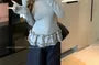 Long-Sleeve Round Neck Ruffle Trim Slim Fit T-Shirt