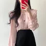 Long-Sleeve Layered Collar Plain Heart Button Blouse / High Waist Plain Accordion Pleated Mini A-Line Skirt