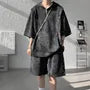 Set: 3/4-Sleeve Tie Dye Grommet Half-Zip Hoodie + Elastic Waist Wide Leg Sweat Shorts