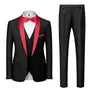 Set: Shawl Lapel Two Tone Single Breasted Blazer + V-Neck Button Vest + Mid Rise Plain Straight Leg Dress Pants