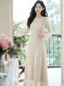 Long-Sleeve Round Neck Plain Lace Maxi A-Line Dress