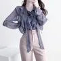 Long-Sleeve Tie-Neck Plain Ruffle Chiffon Blouse