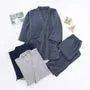 Pajama Set: Elbow-Sleeve Plain Kimono Top + Elastic Waist Pants