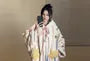 Striped Dotted Hood Pom Pom Coral Fleece Button Robe