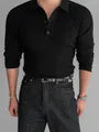 Long-Sleeve Plain Knit Polo Shirt