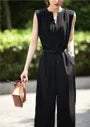 Set: Sleeveless Notch Neck Plain Wide Leg Jumpsuit + Belt