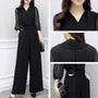 Puff-Sleeve V-Neck Plain Tie Waist Wide Leg Jumpsuit