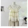 Cap-Sleeve Square Neck Lace Trim Tiered Ruffle Sheer Blouse
