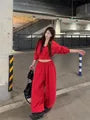 Plain Cropped Zip Hoodie / Drawstring Waist Baggy Sweatpants