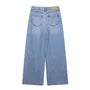 Round Neck Washed Button Denim Vest / High Waist Wide Leg Jeans