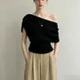 Short Sleeve Cold Shoulder Plain Ruched Slim-Fit Top