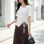 Short-Sleeve Asymmetrical Neck Plain Drawstring T-Shirt