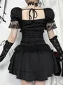 Puff-Sleeve Sweetheart-Neck Plain Lace Ruffle Mini A-Line Dress