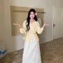 Long-Sleeve V-Neck Collared Lace Trim Buttoned Side-Tie Puff Sleeve Blouse