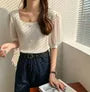 Puff-Sleeve Square-Neck Paneled Ribbed Button-Up Blouse